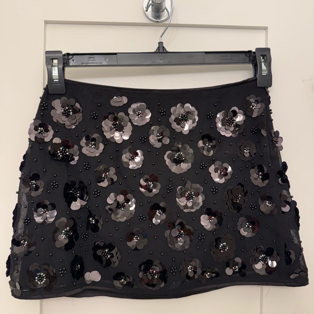 Black Floral Sequin Mini Skirt